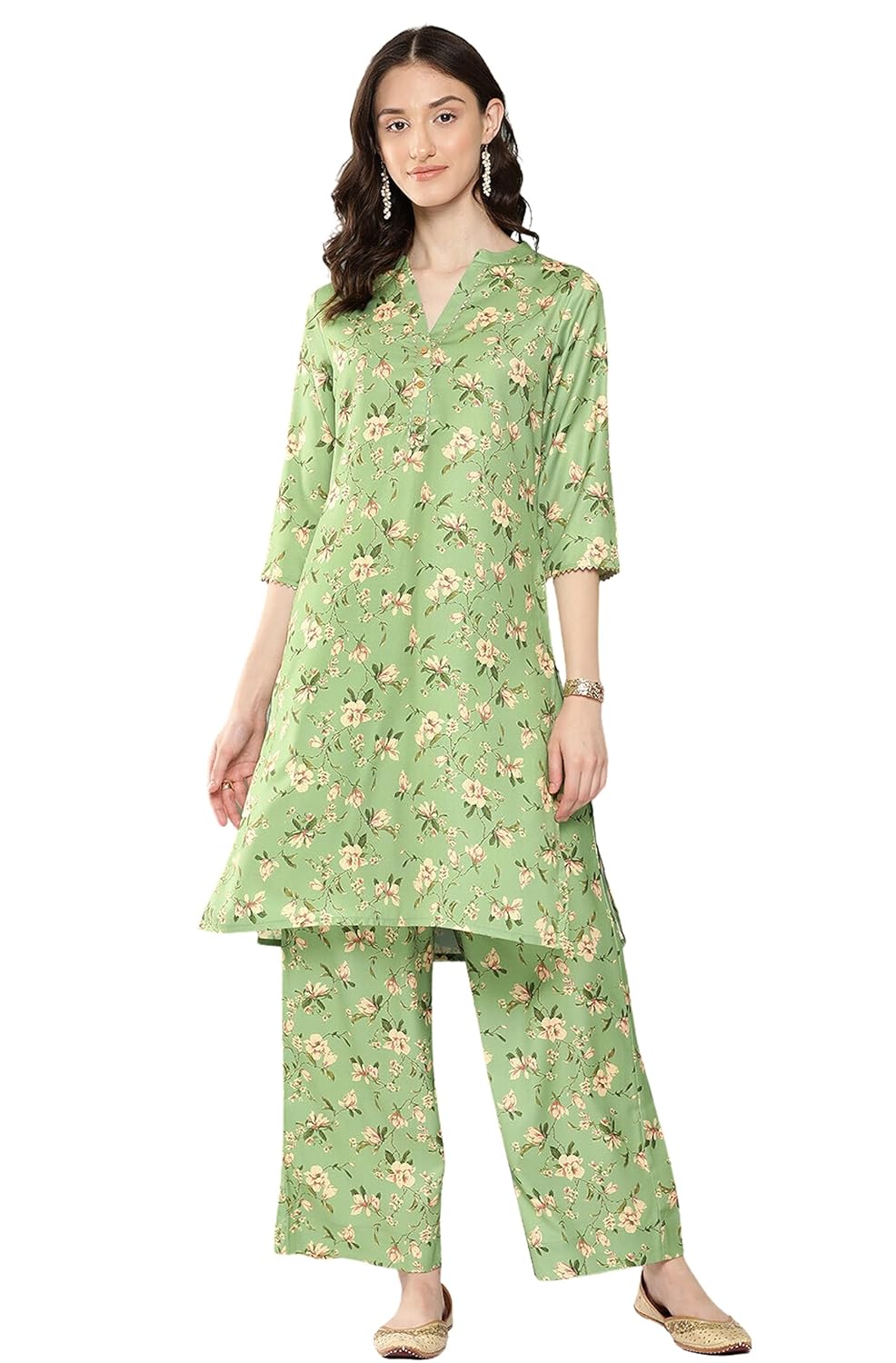 Janasya Women's Green Moss Digital Floral Printed Co-ords Set
