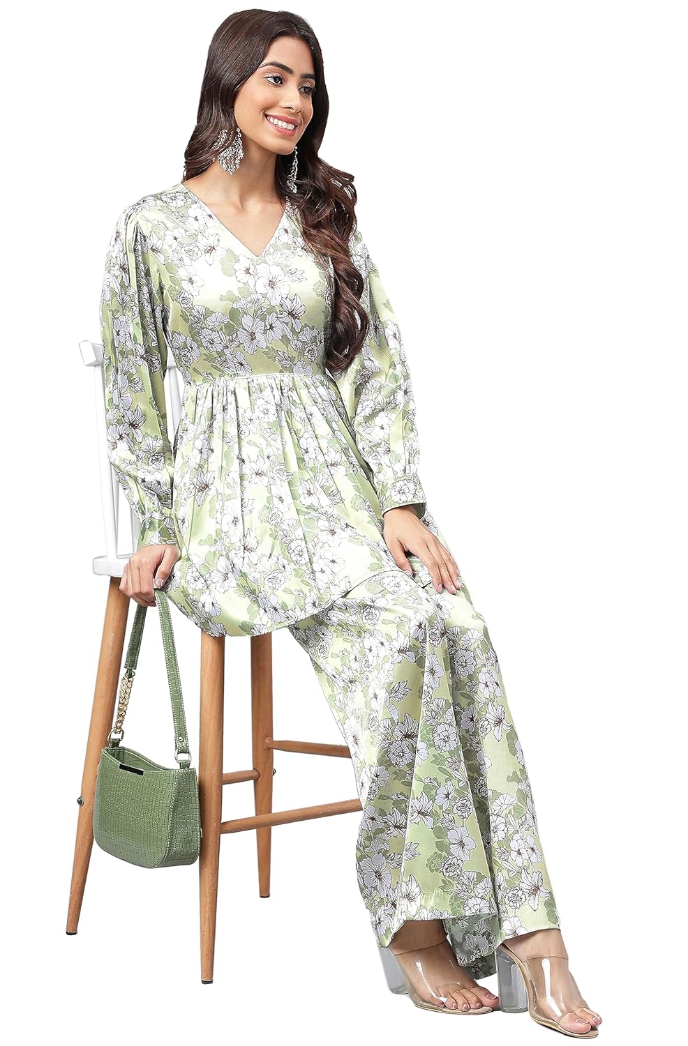 Janasya Women's Sage Green Satin Digital Floral Printed Co-ords Set