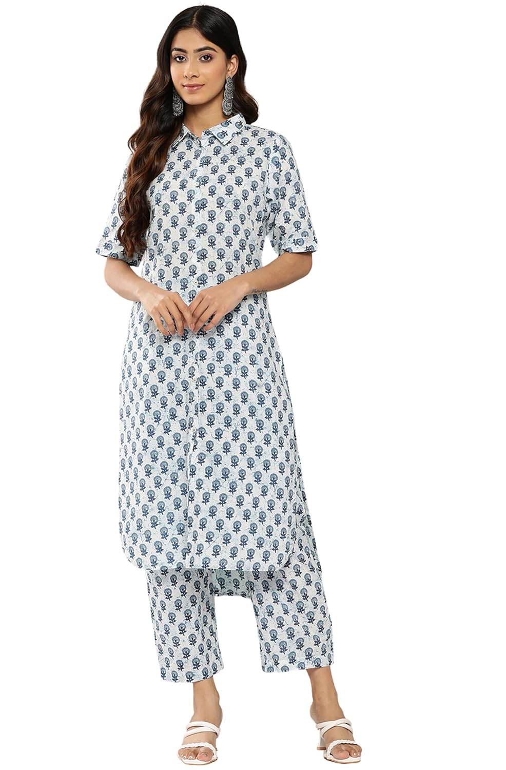 Janasya Women's White Cotton Floral Printed Co-ords Set