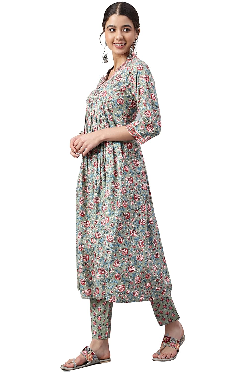 Janasya Women's Sea Green Cotton Floral Print Kurta with Pant