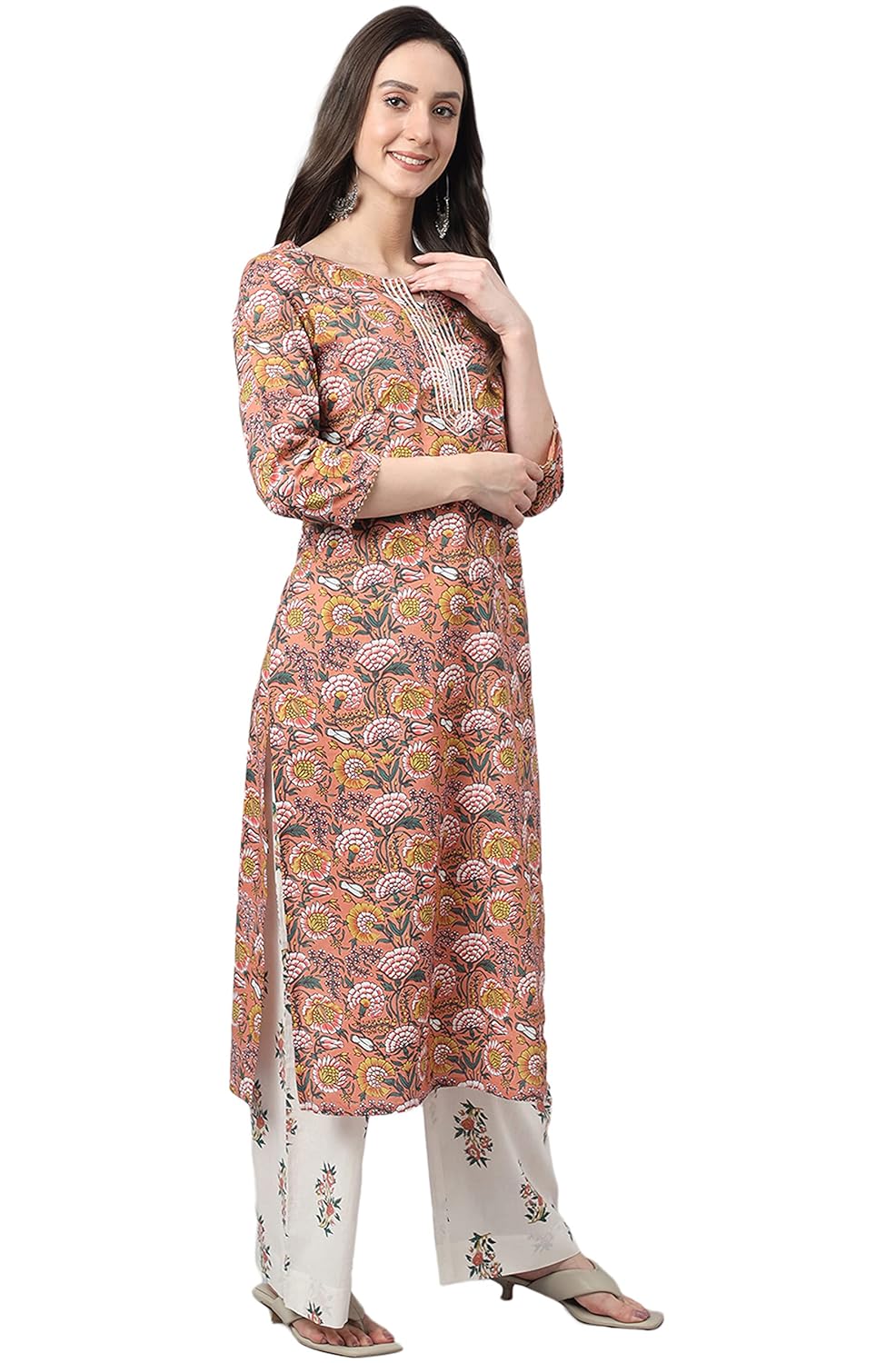 Janasya Women's Pink Cotton Floral Print Kurta with Palazzo and Dupatta