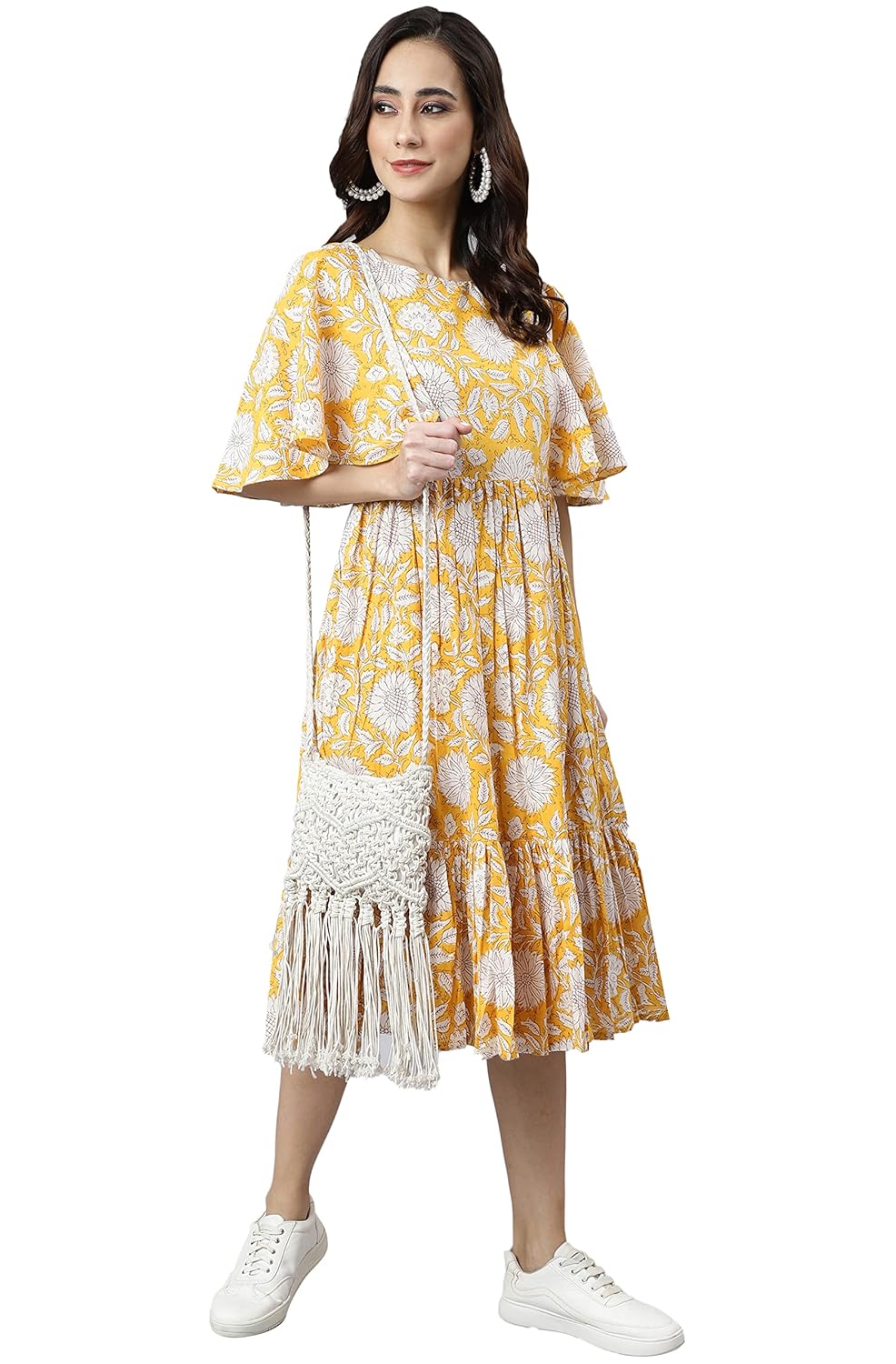 Janasya Women's Yellow Cotton Floral Print Midi Dress