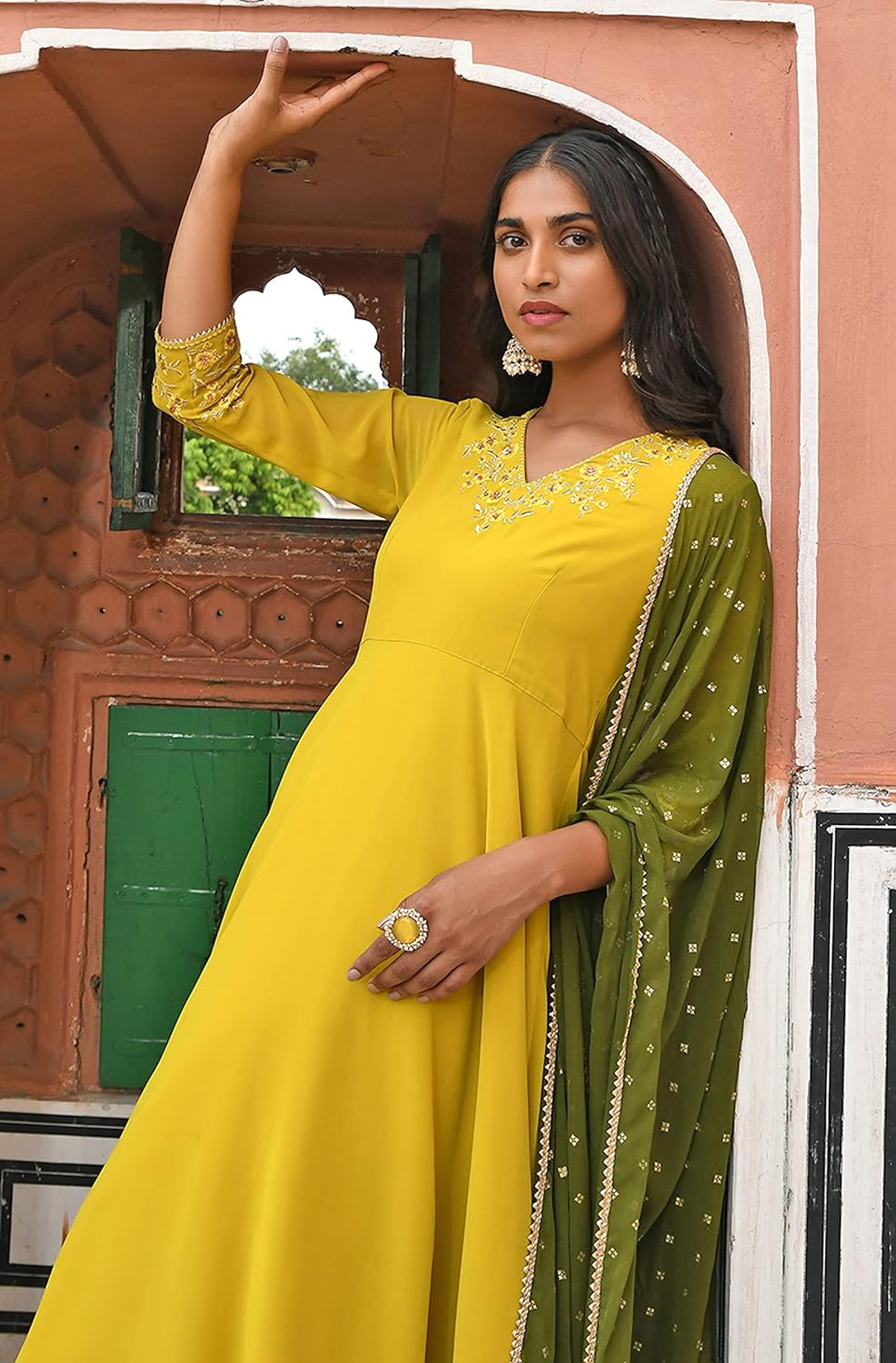 Janasya Women's Yellow Georgette Embellished Kurta with Palazzo and Dupatta