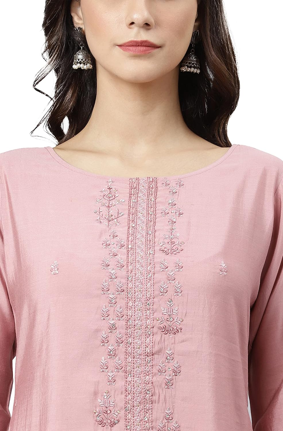 Janasya Women's Light Pink Poly Silk Embroidered Kurta with Pant and Dupatta