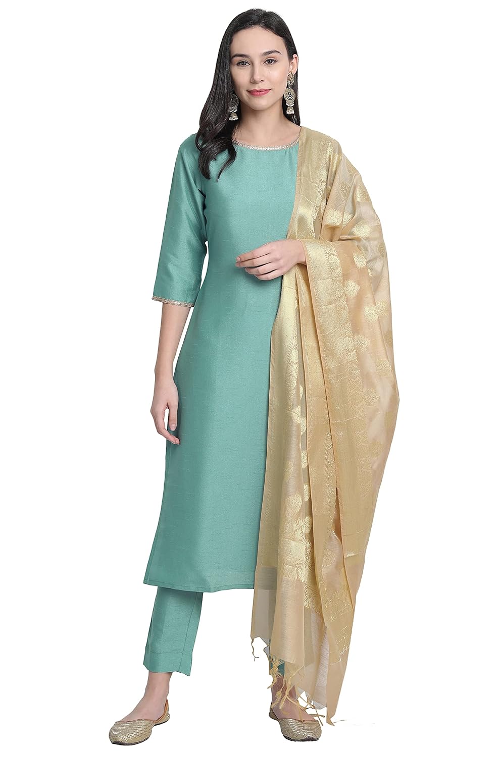 Janasya Women Art Silk Straight Kurta, Pant with Dupatta