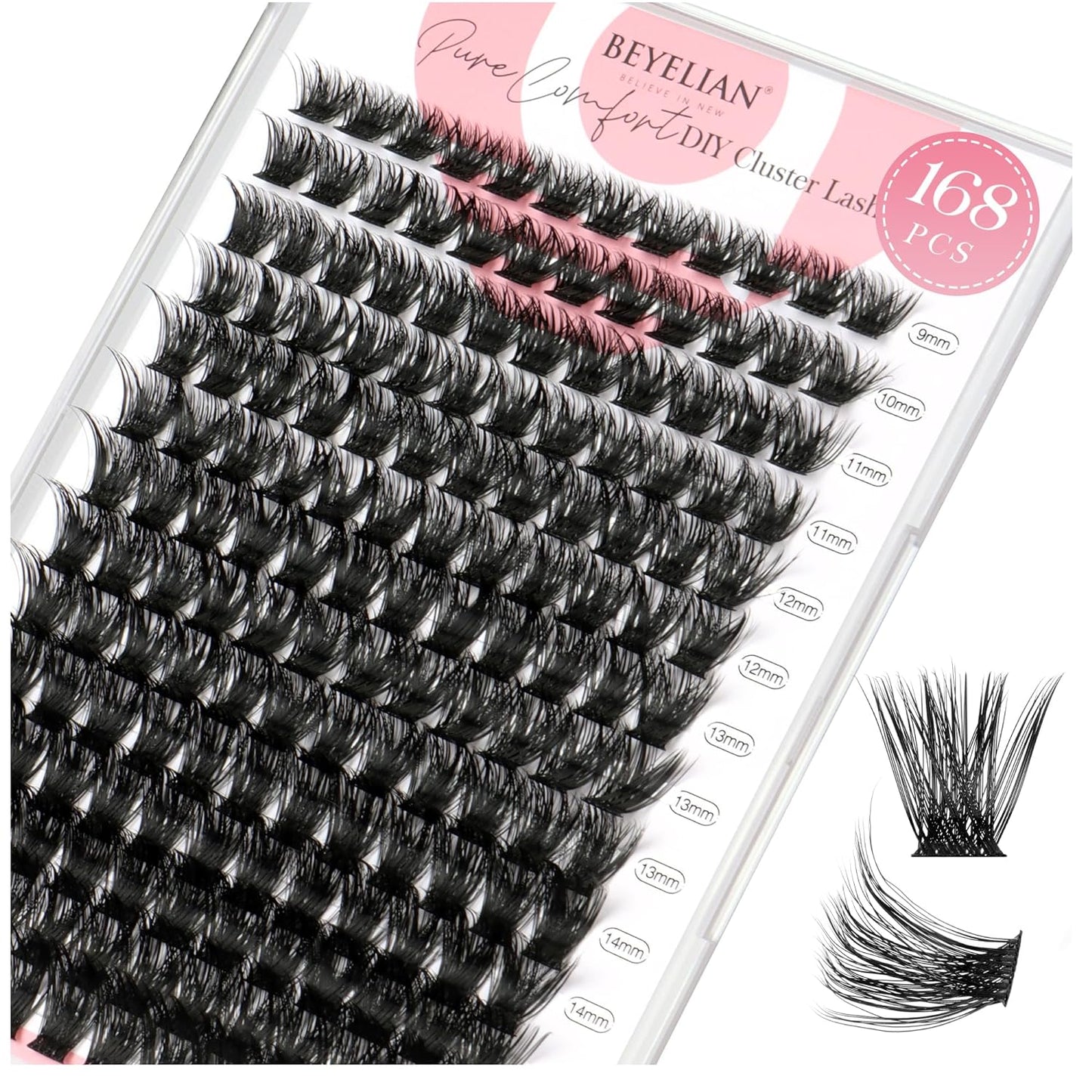 BEYELIAN Lashes Clusters D Curl 168pcs 9-16mm Cluster Lashes Dense Look DIY Eyelash Extensions Super Thin Band & Soft Lashes Reusable Mixed Tray Volume False Lashes (56D)