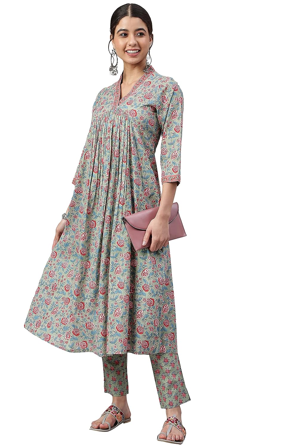 Janasya Women's Sea Green Cotton Floral Print Kurta with Pant