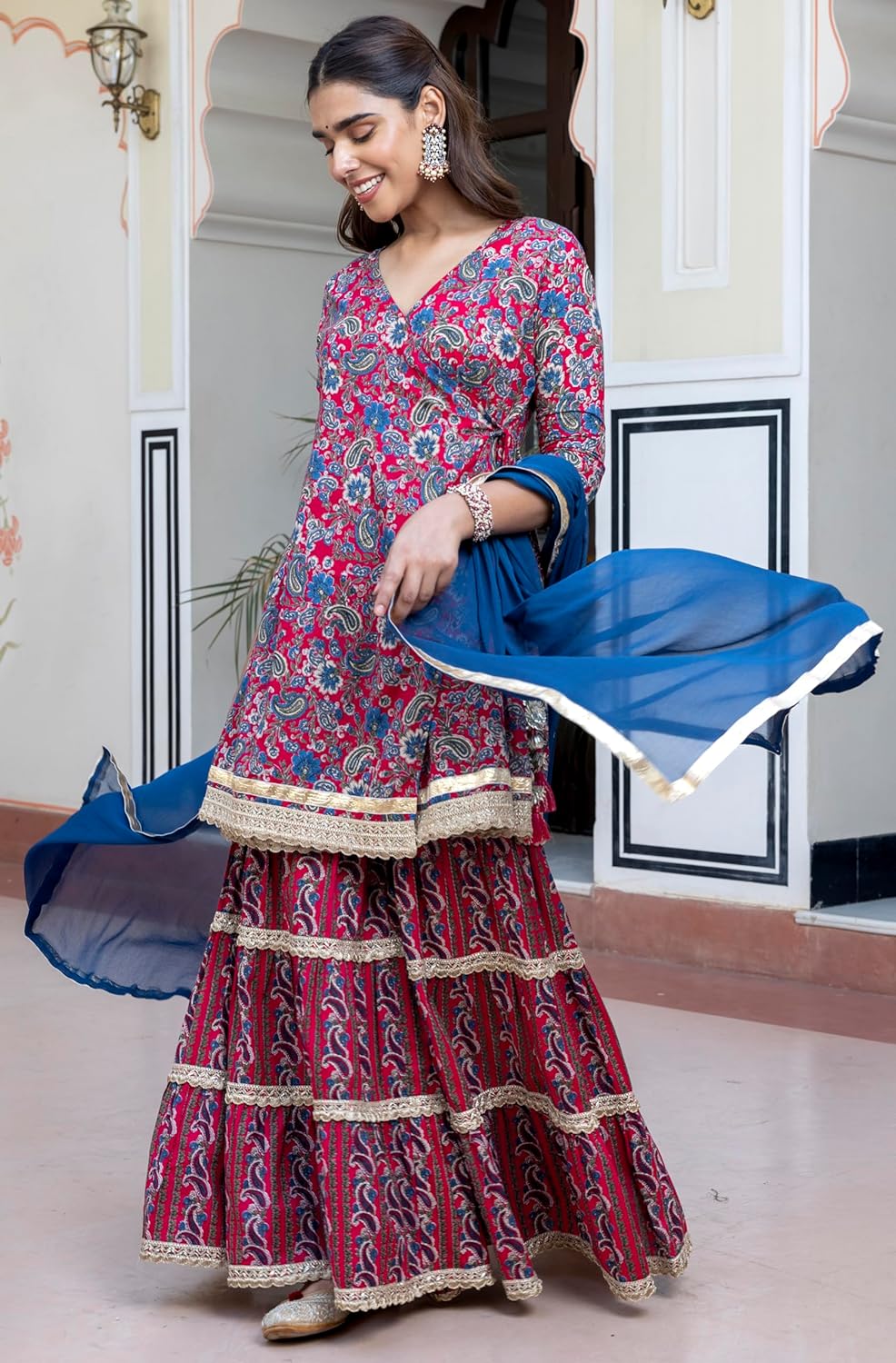 Janasya Women's Wine Cotton Ethnic Printed Kurta with Sharara and Dupatta