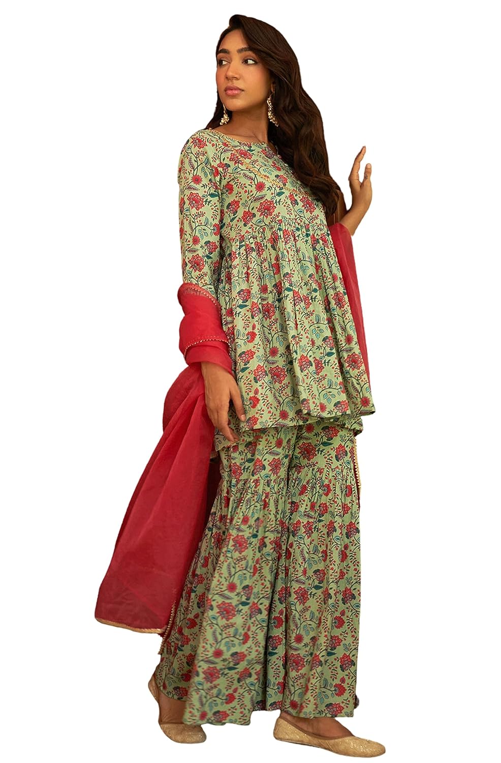 Janasya Women's Light Green Cotton Floral Printed Kurta with Sharara and Dupatta