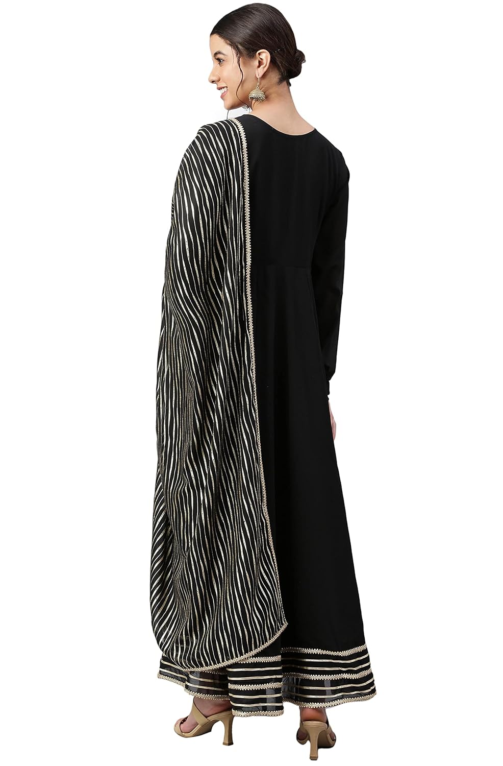 Janasya Women's Grey Poly Georgette Solid Kurta with Dupatta Black