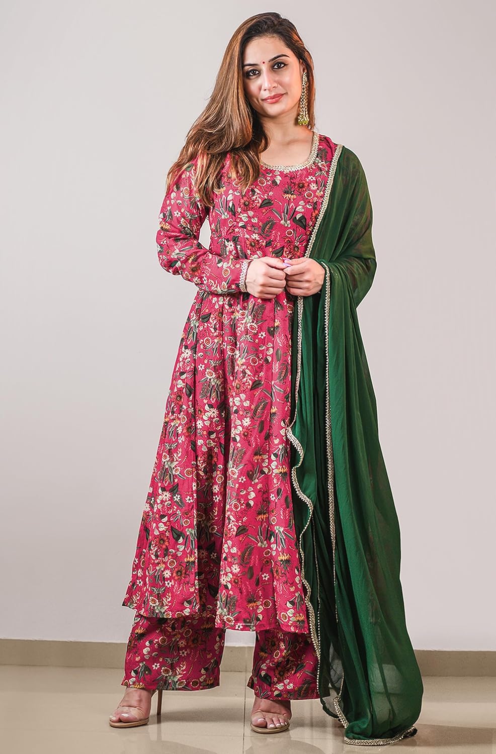 Janasya Women's Georgette Digital Floral Printed Embellished Kurta Set Pink