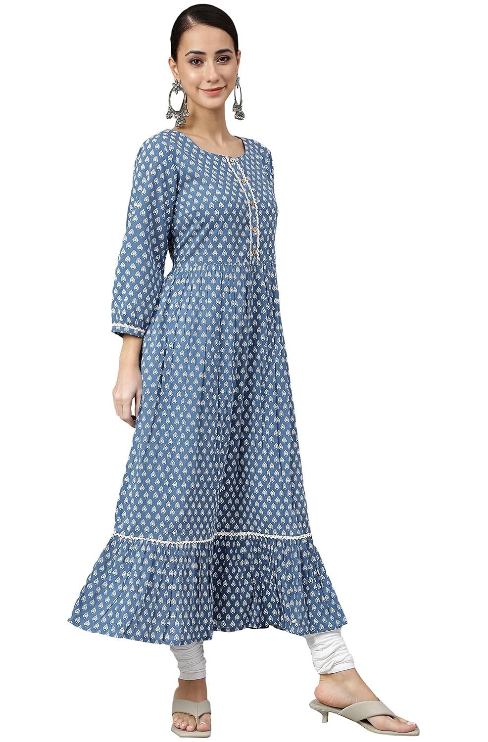 Janasya Women's Blue Cotton Ethnic Motifs Flared Kurta