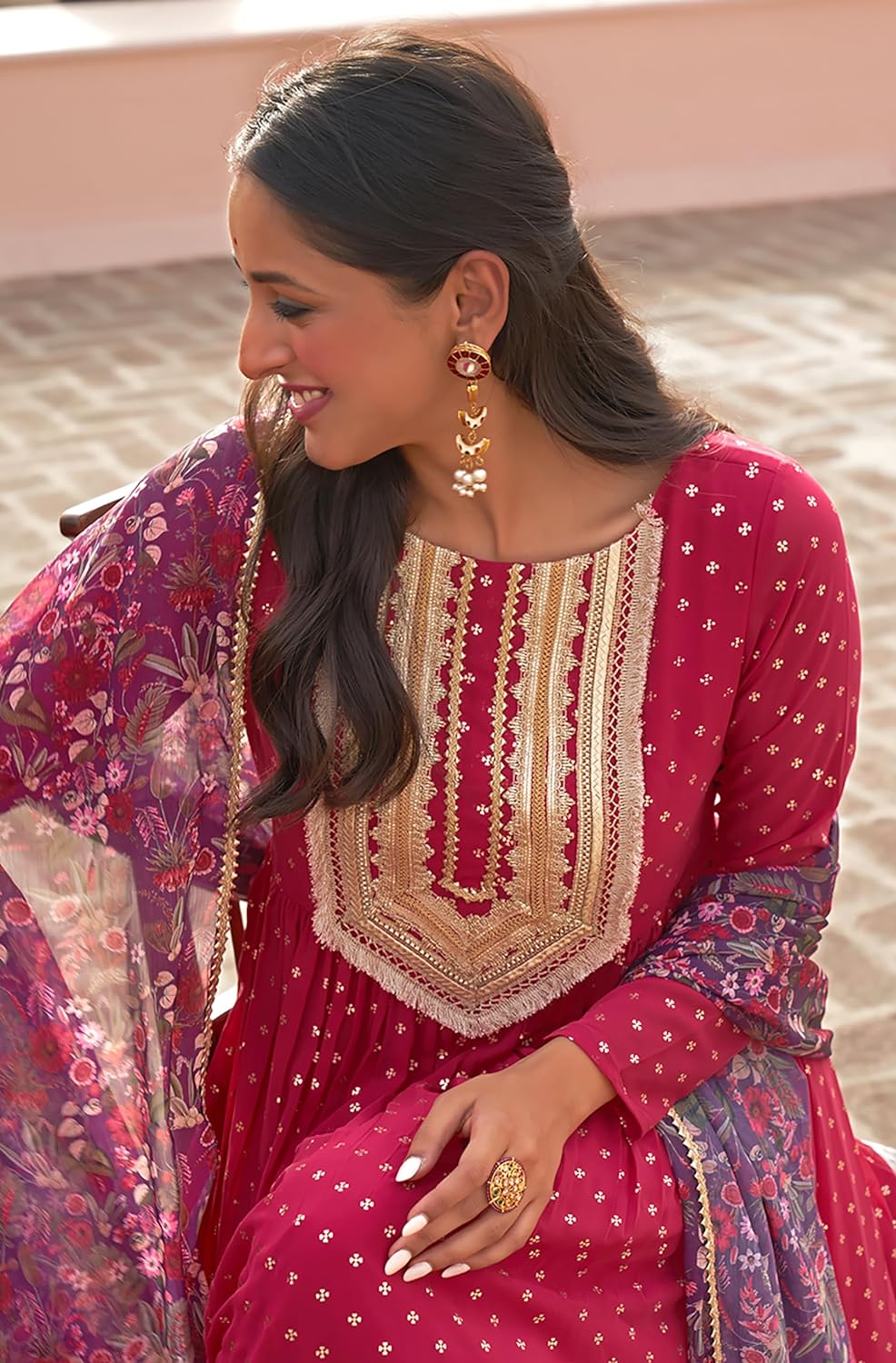 Janasya Women's Pink Georgette Foil Motif Printed Kurta with Palazzo and Dupatta