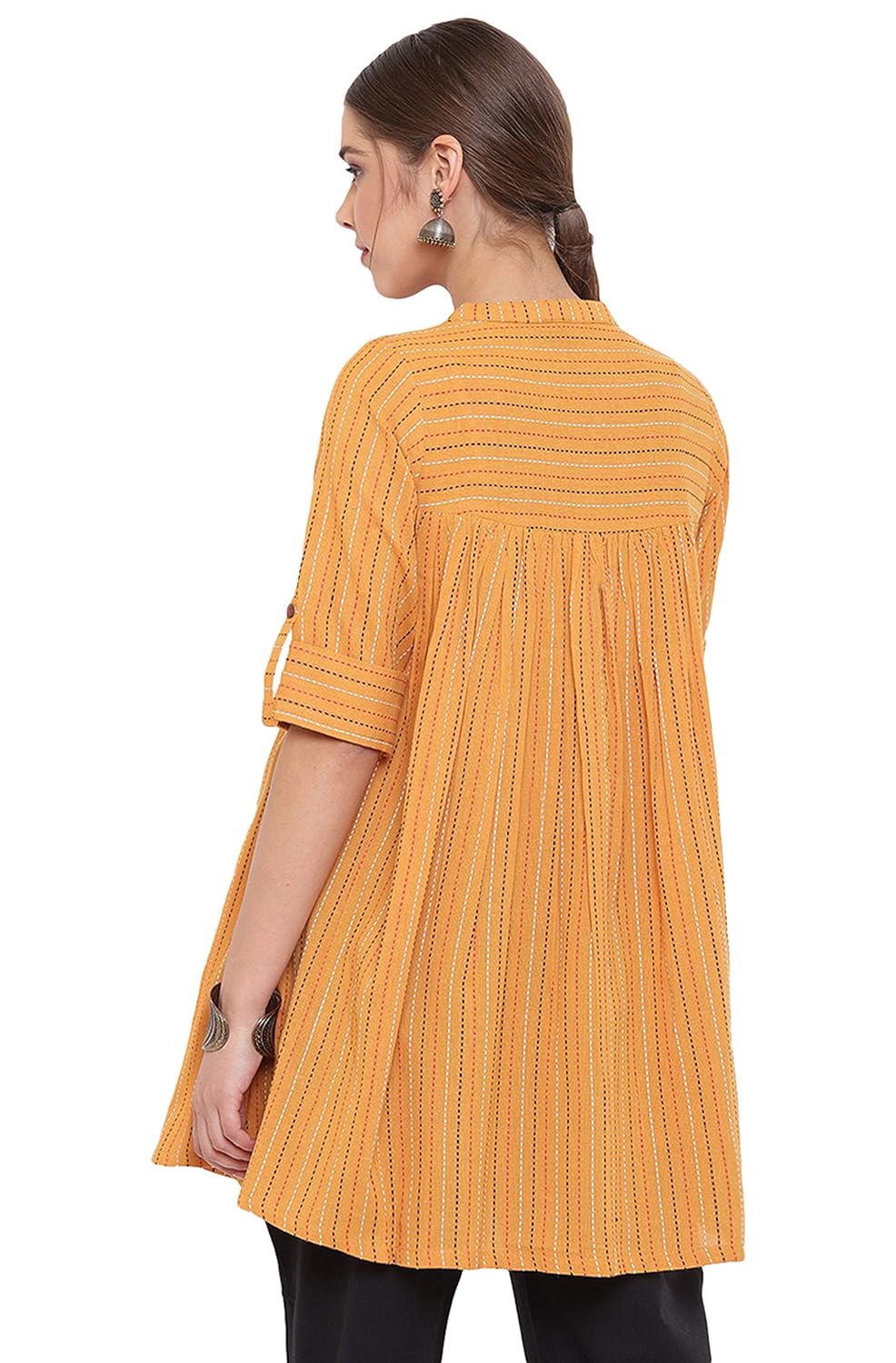 Janasya Women's Mustard Weaved Cotton Tunic Mustard