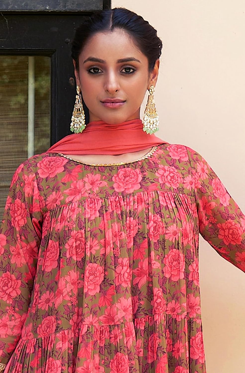 Janasya Women's Georgette Digital Floral Printed Embellished Kurta Set Olive