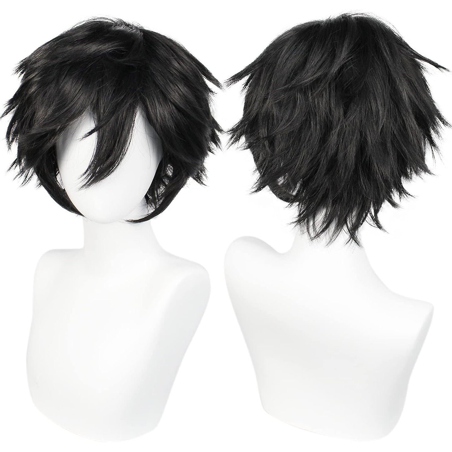 Gairyan Short Black Wig Cosplay Wig Unisex Anime Costume Straight Fluffy Wig Synthetic Spiky Layered Short Hair With Bangs Heat Resistent Holiday Theme Party Fancy Dress Halloween Wig + Free Wig Cap