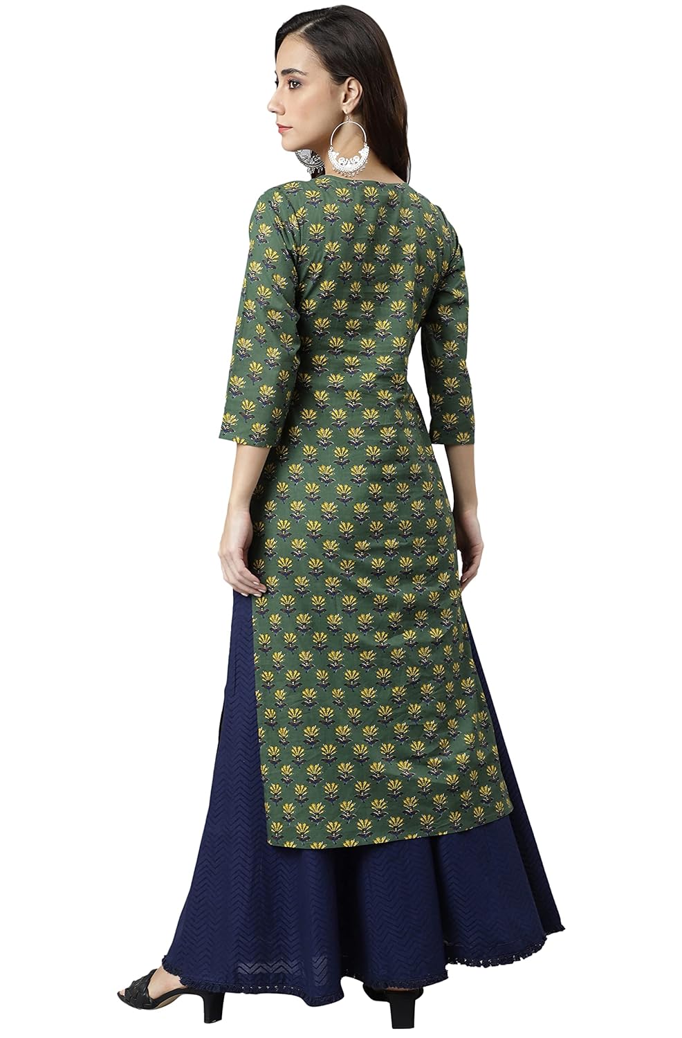 Janasya Women's Green Cotton Floral Print Straight Kurta