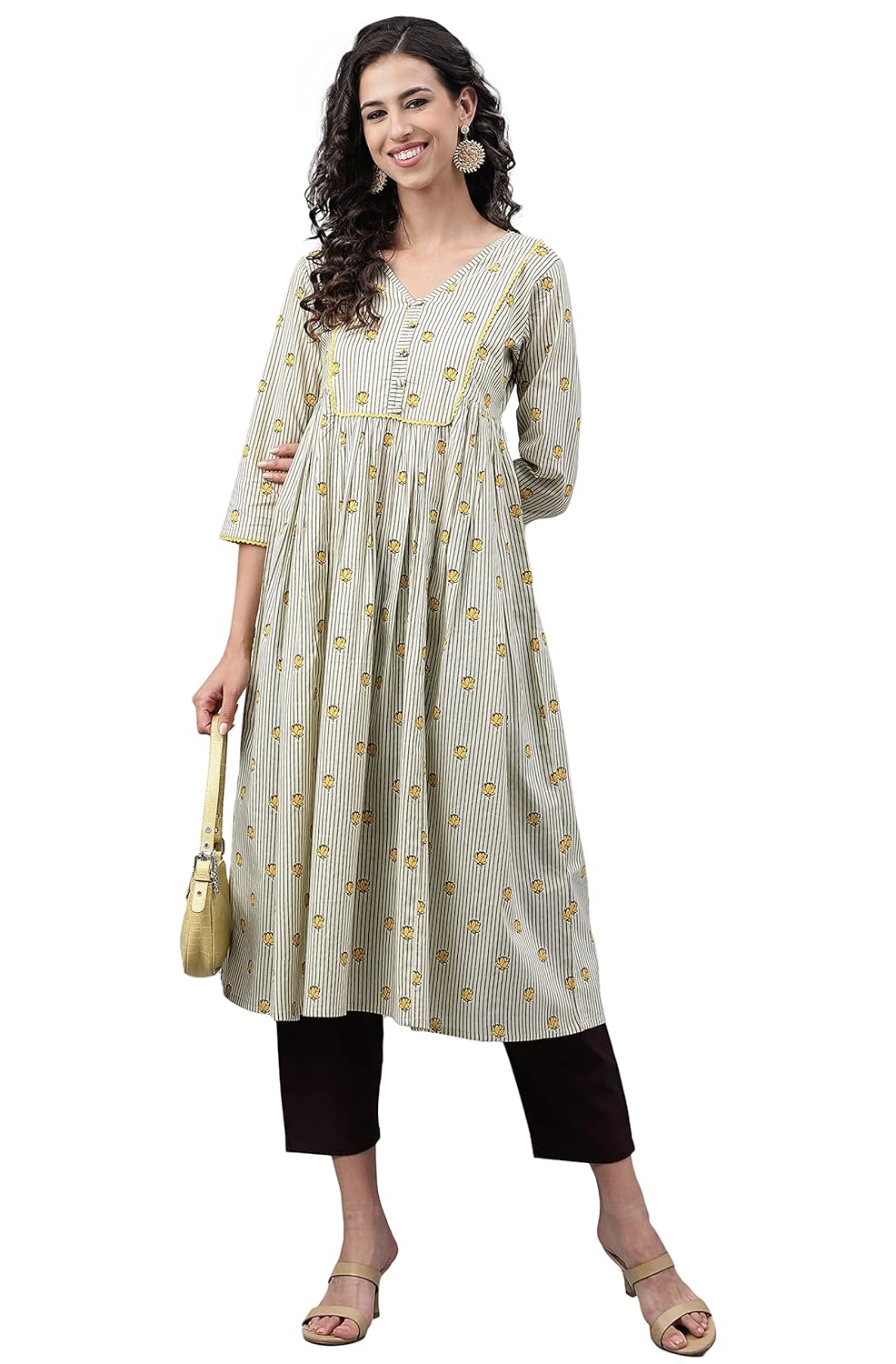 Janasya Women's Light Yellow Cotton Floral Printed Flared Kurta