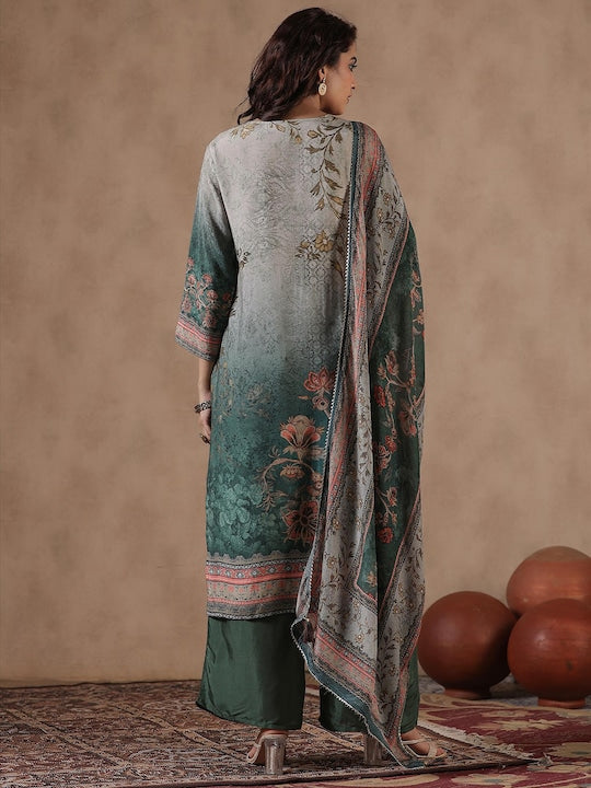 Scakhi Floral Printed Regular Mirror Work Kurta with Palazzos & With Dupatta