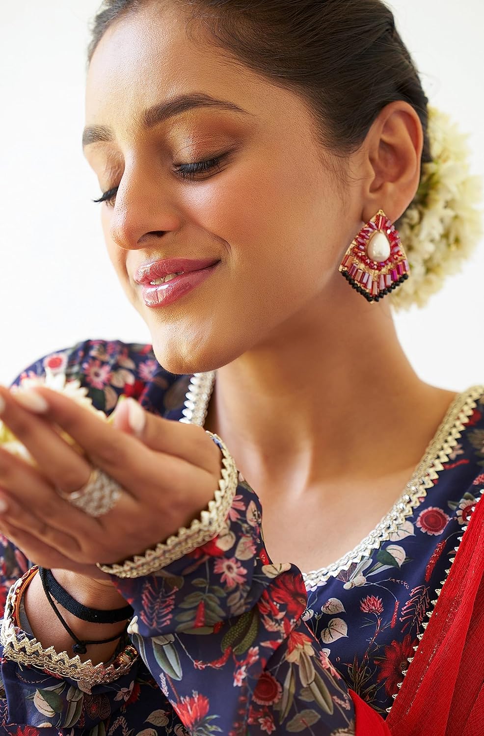 Janasya Women's Dark Blue Georgette Digital Floral Printed Kurta with Palazzo and Dupatta