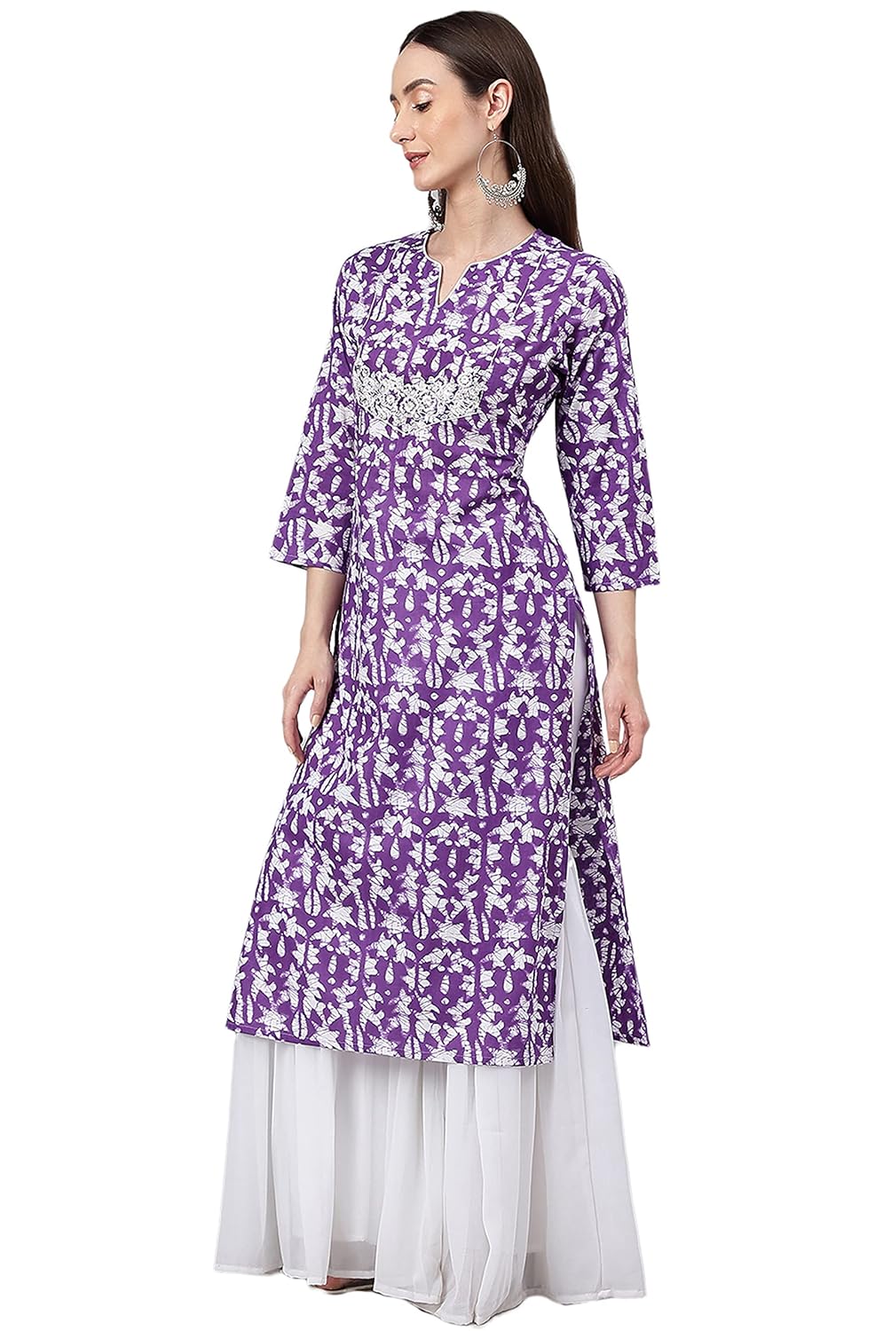 Janasya Women's Purple Cotton Batik Print Straight Kurta