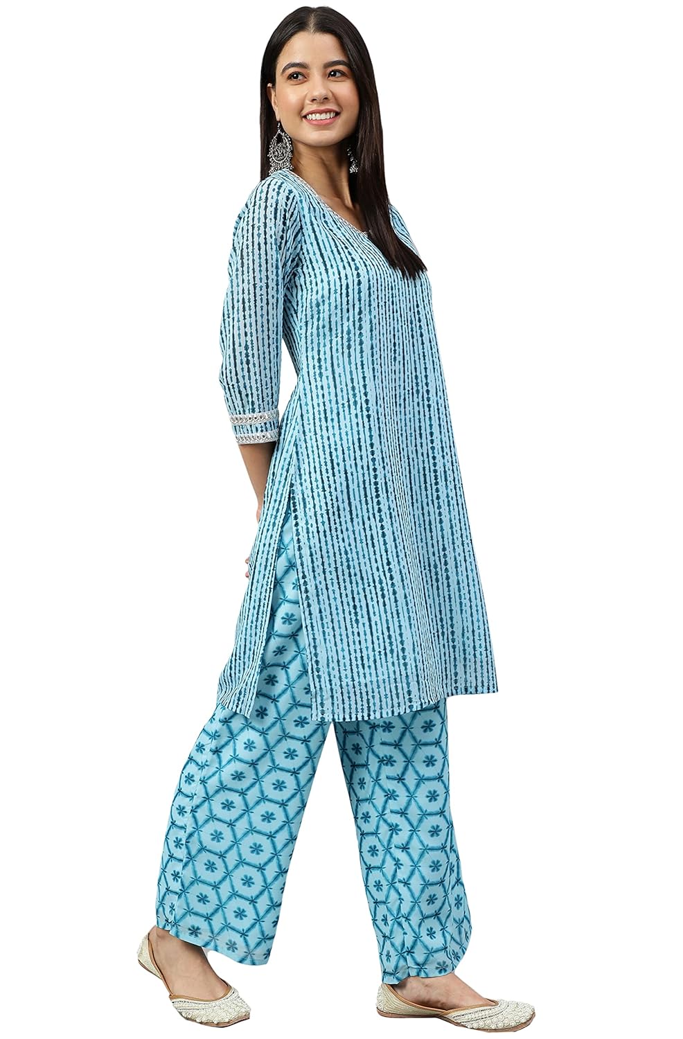 Janasya Women's Aqua Blue Georgette Shibori Print Kurta with Palazzo