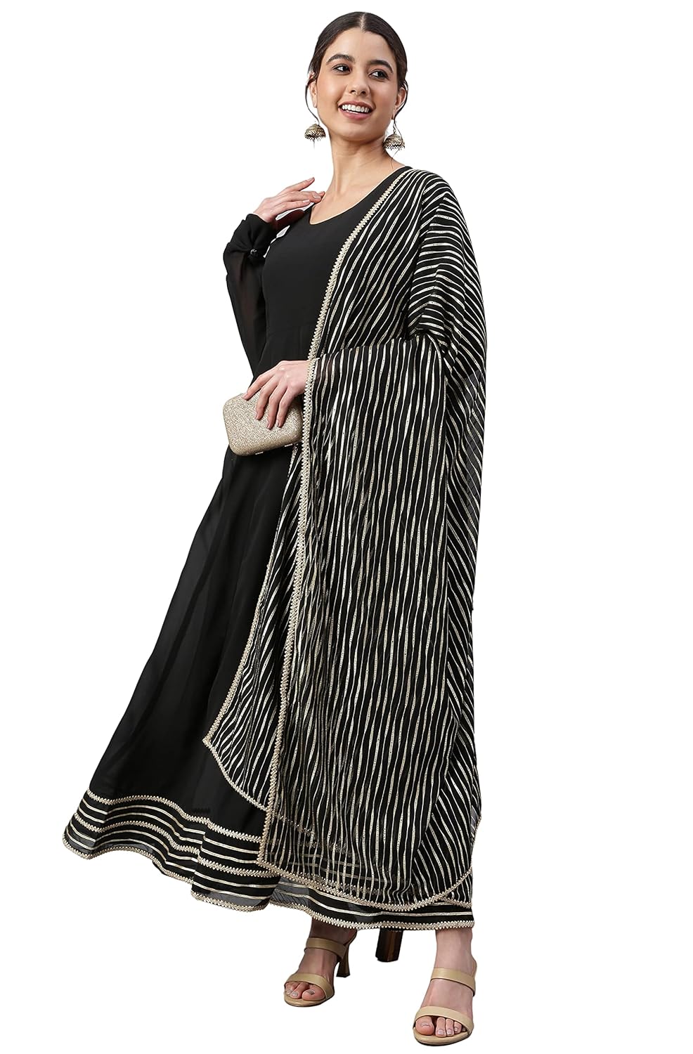 Janasya Women's Grey Poly Georgette Solid Kurta with Dupatta Black