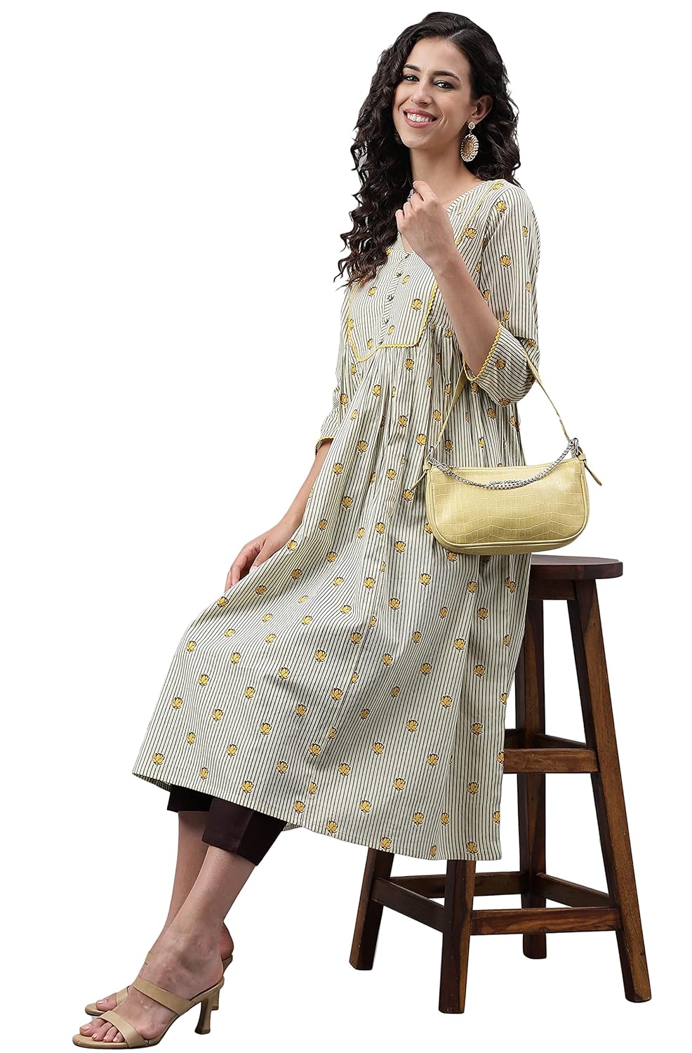 Janasya Women's Light Yellow Cotton Floral Printed Flared Kurta