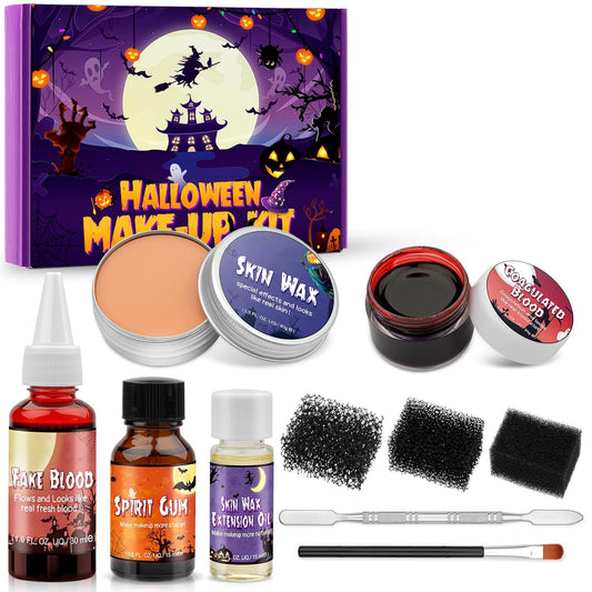 Halloween SFX Makeup Kit, Halloween Special Effects Wound Modeling, Skin Wax with Spatula, Fake Blood, Coagulated Blood Gel, Spirit Gum, Extension Oil, Stipple Sponge, Halloween Cosplay Zombie Makeup