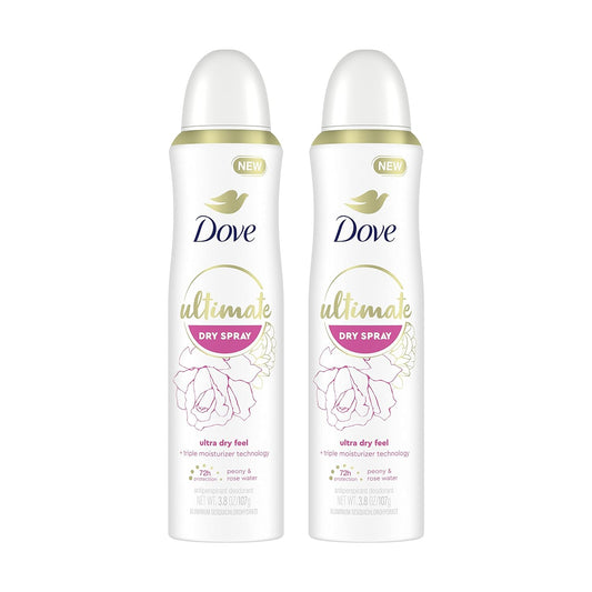 Dove Ultimate Dry Spray Antiperspirant Peony And Rose Water 2 Count For 72-Hour Sweat And Odor Protection With Triple Moisturizer Technology 3.8oz