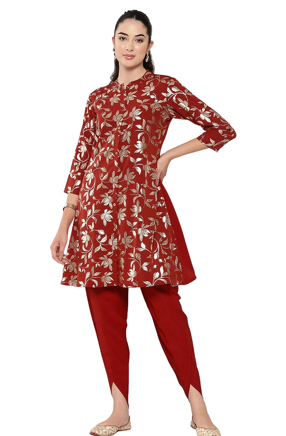 Janasya Women's Brick Red Crepe Foil Printed Tunic with Tulip Pant