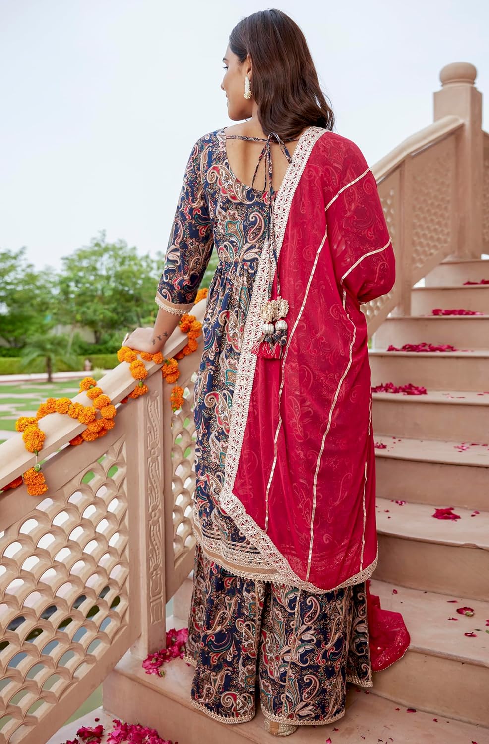 Janasya Women's Navy Blue Cotton Ethnic Printed Kurta with Flared Palazzo and Dupatta