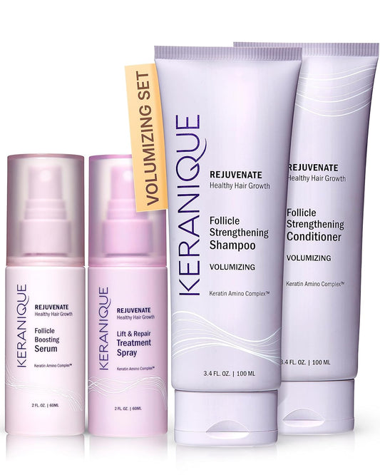 Keranique Volumizing Hair Products Set for Thinning Hair - Thickening Shampoo and Conditioner, Follicle Booster Hair Serum, Volumizing Spray - Fine Hair Texture Boost and Repair with Keratin for Women