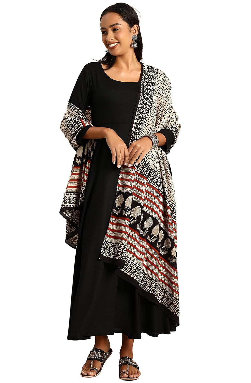 Janasya Women's Black Rayon Kurta with Dupatta