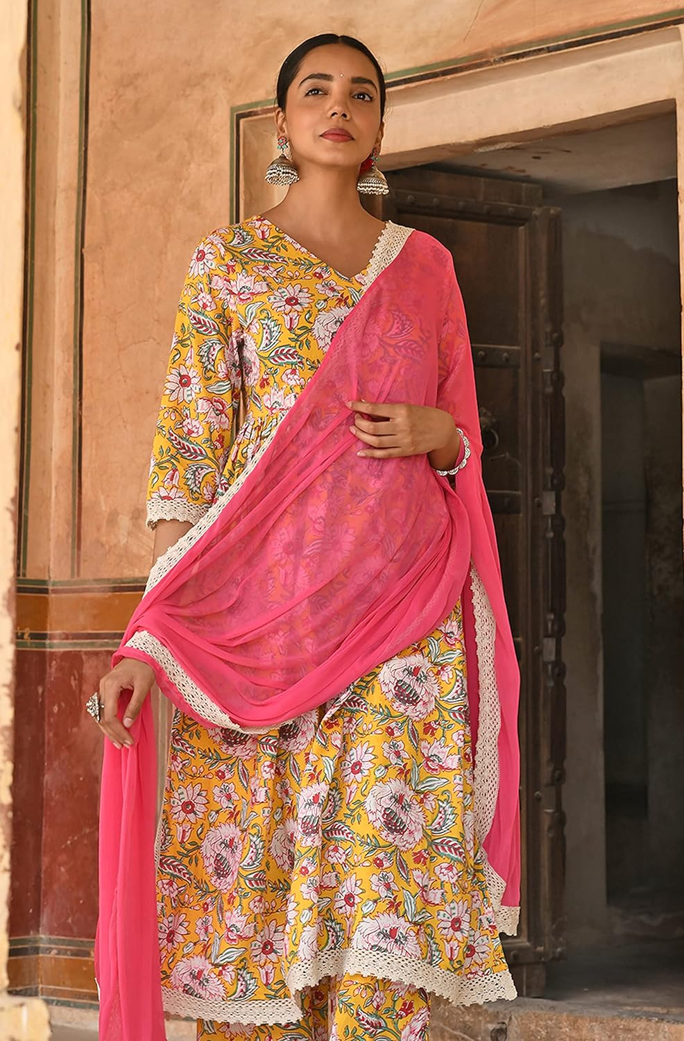 Janasya Women's Yellow Cotton Floral Print Kurta with Palazzo and Dupatta