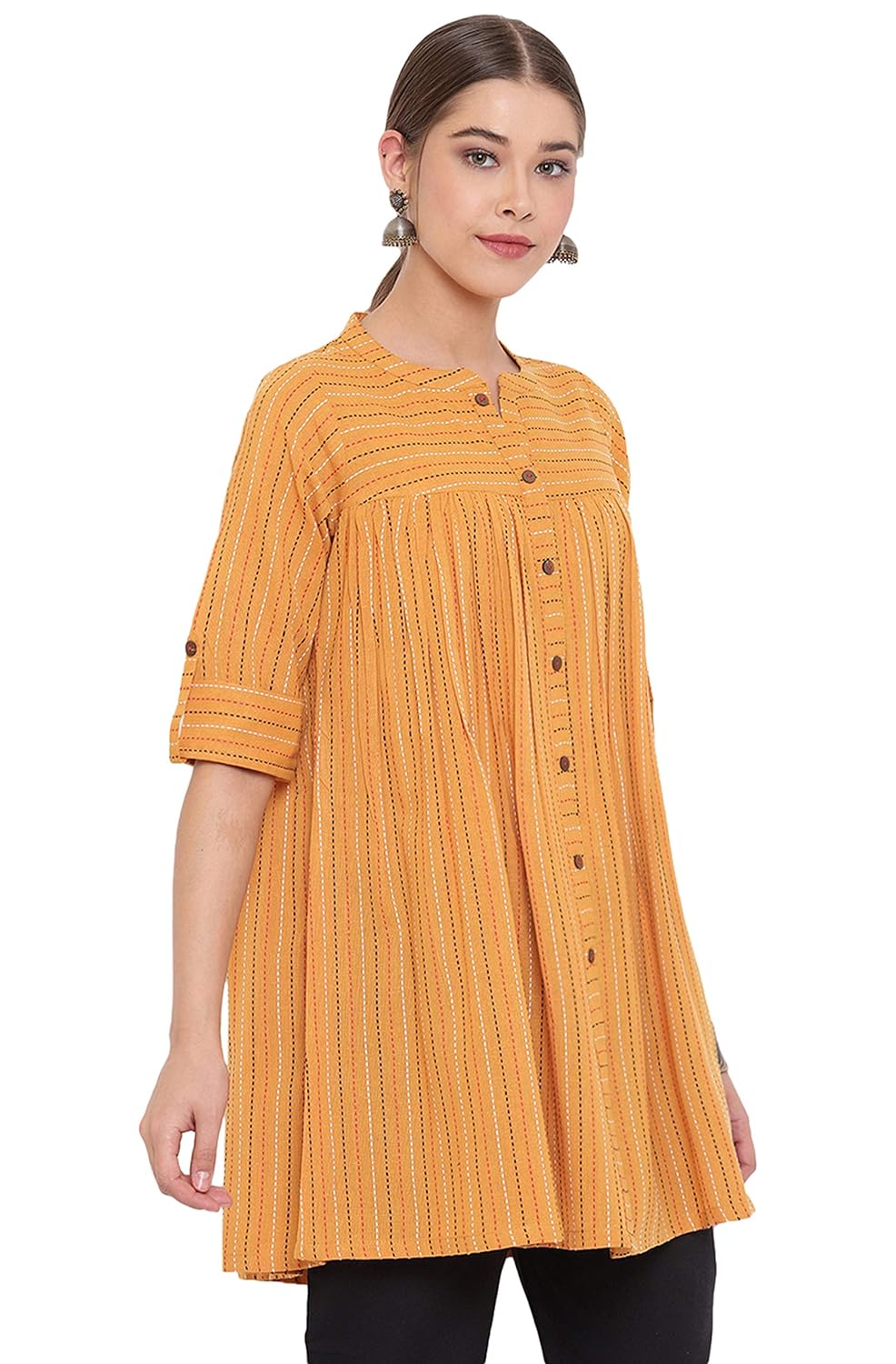 Janasya Women's Mustard Weaved Cotton Tunic Mustard