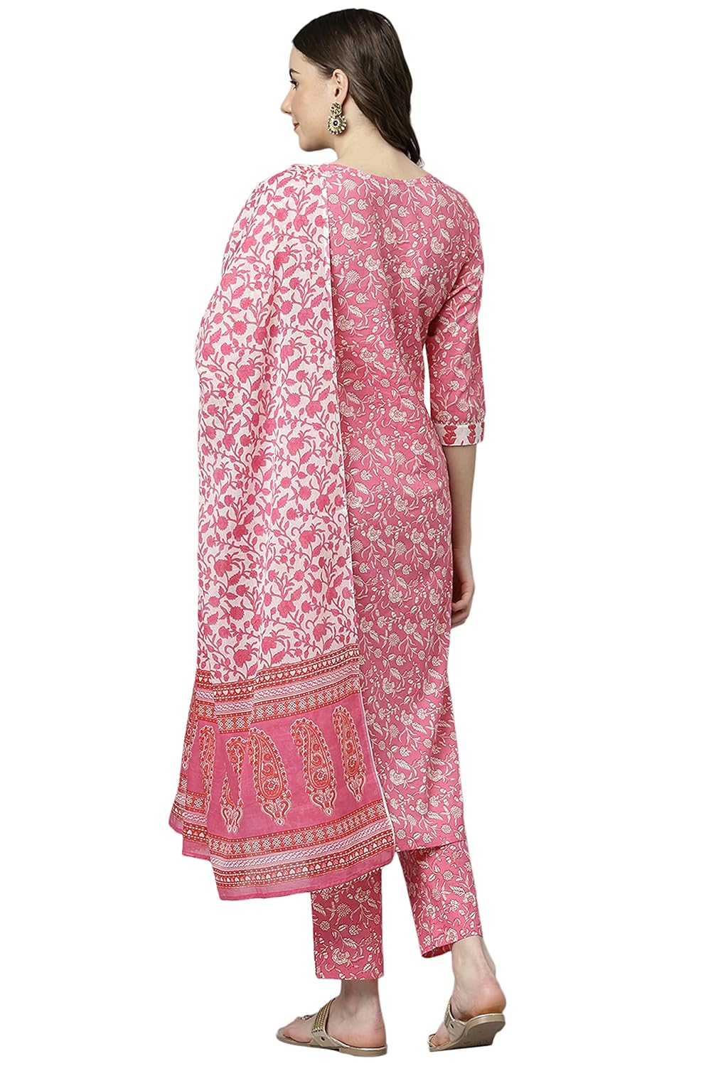 Janasya Women's Pink Cotton Kurta with Pant and Dupatta
