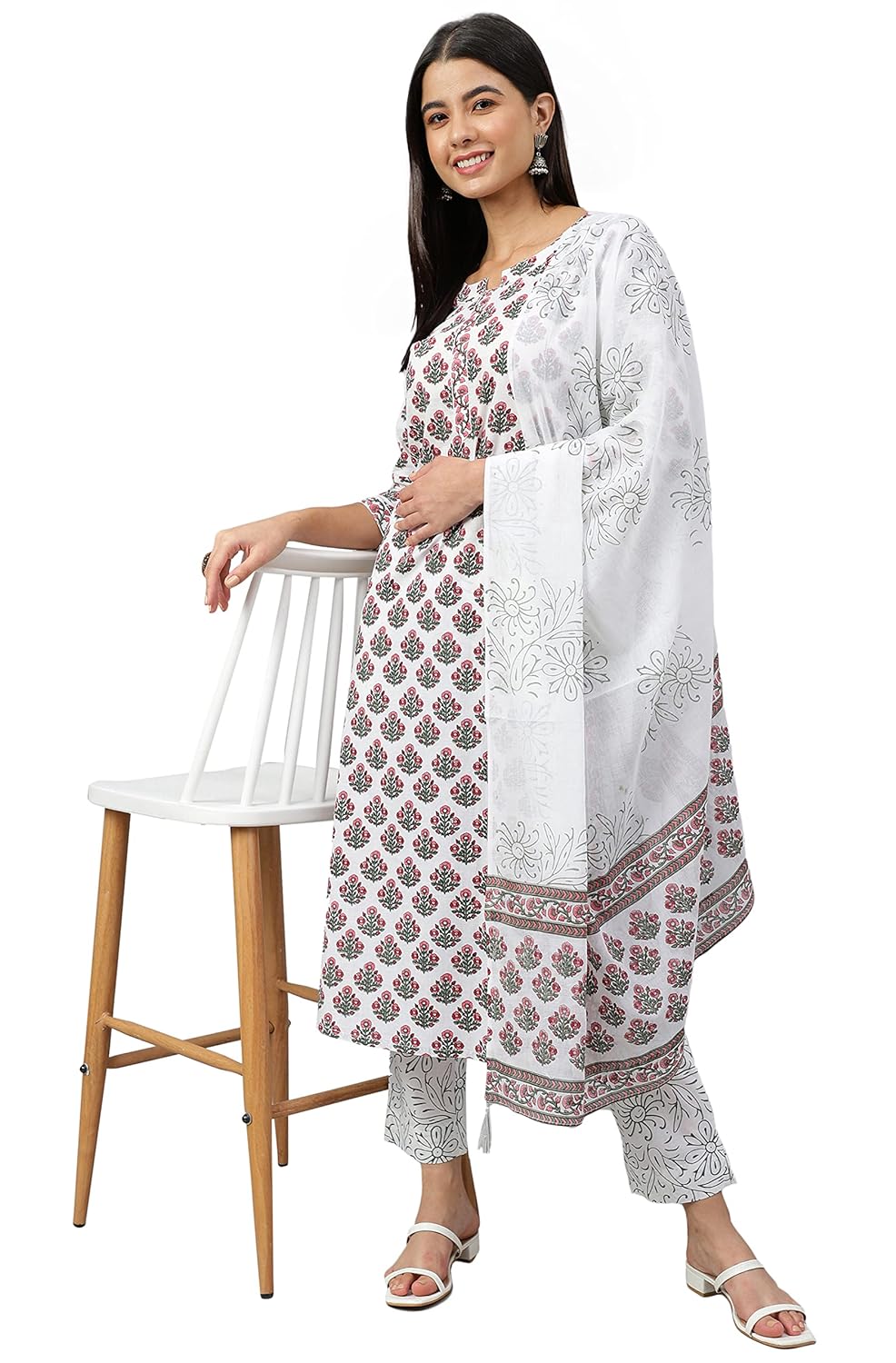 Janasya Women's White Cotton Floral Block Print Kurta with Pant and Dupatta