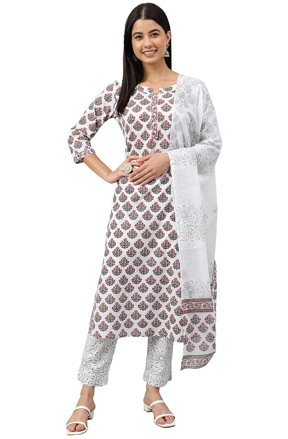 Janasya Women's White Cotton Floral Block Print Kurta with Pant and Dupatta