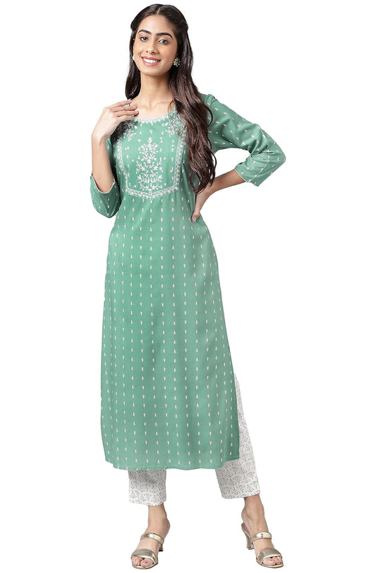 Janasya Women's Green Rayon Foil Printed Kurta with Pants