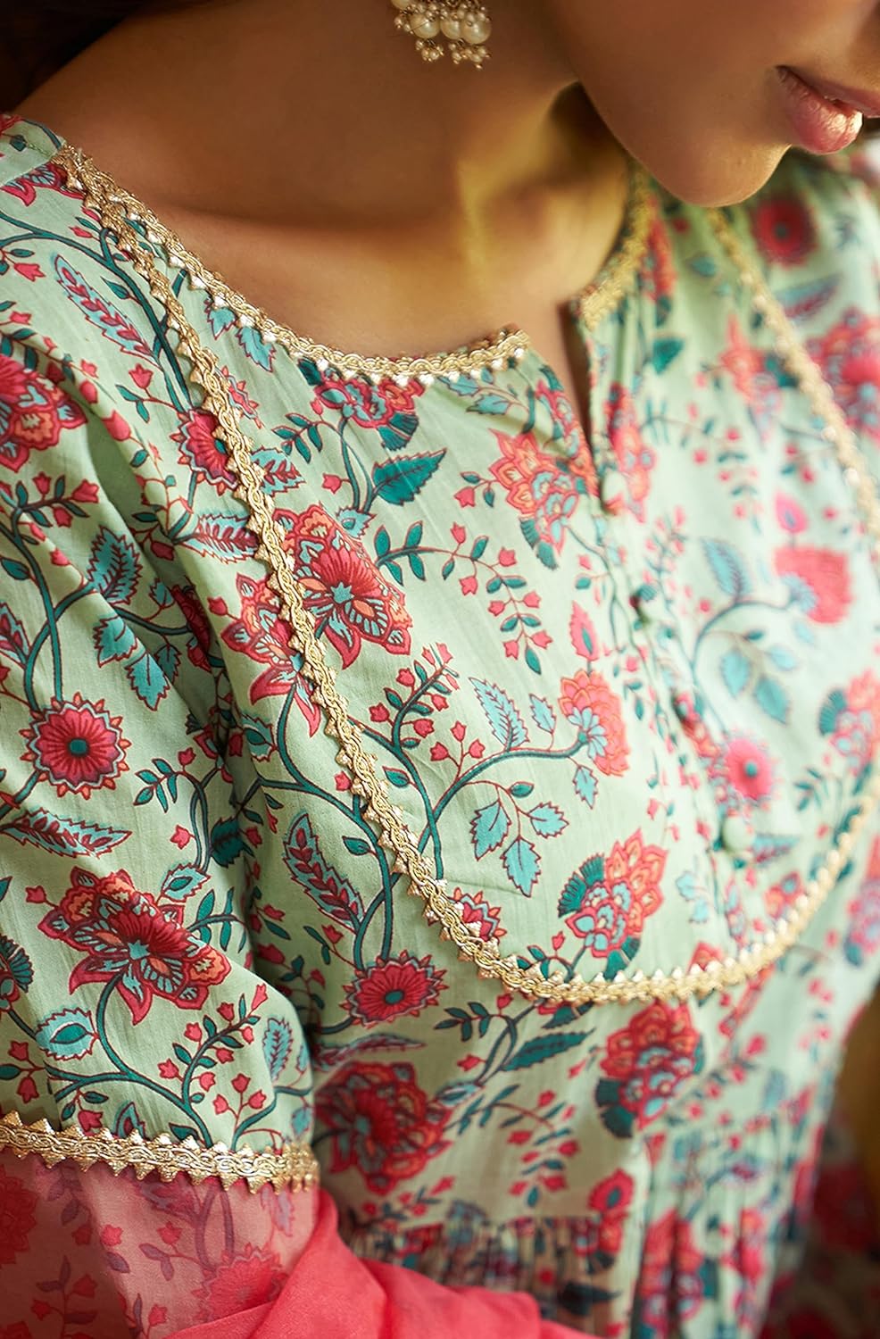 Janasya Women's Light Green Cotton Floral Printed Kurta with Sharara and Dupatta