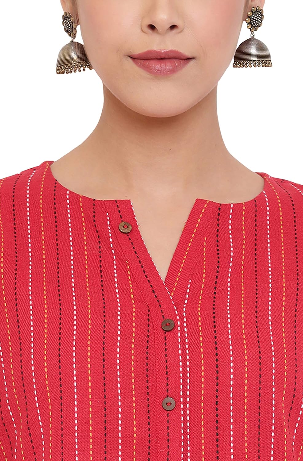 Janasya Women's Red Weaved Cotton A-Line Top