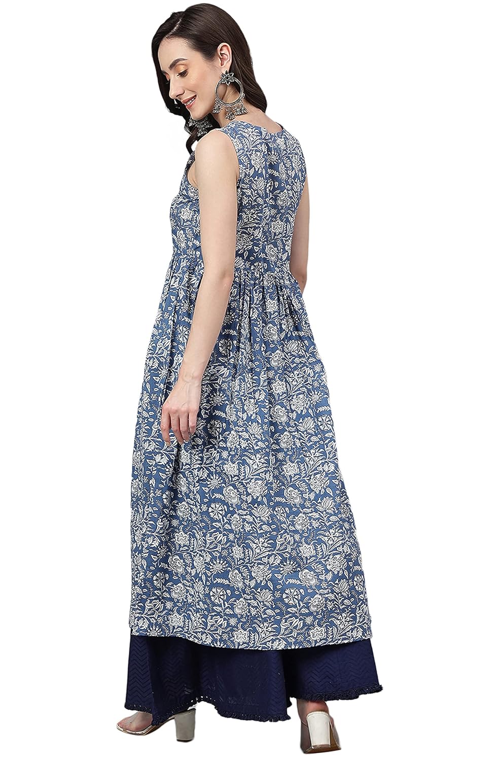 Janasya Women's Blue Cotton Floral Print Flared Kurta