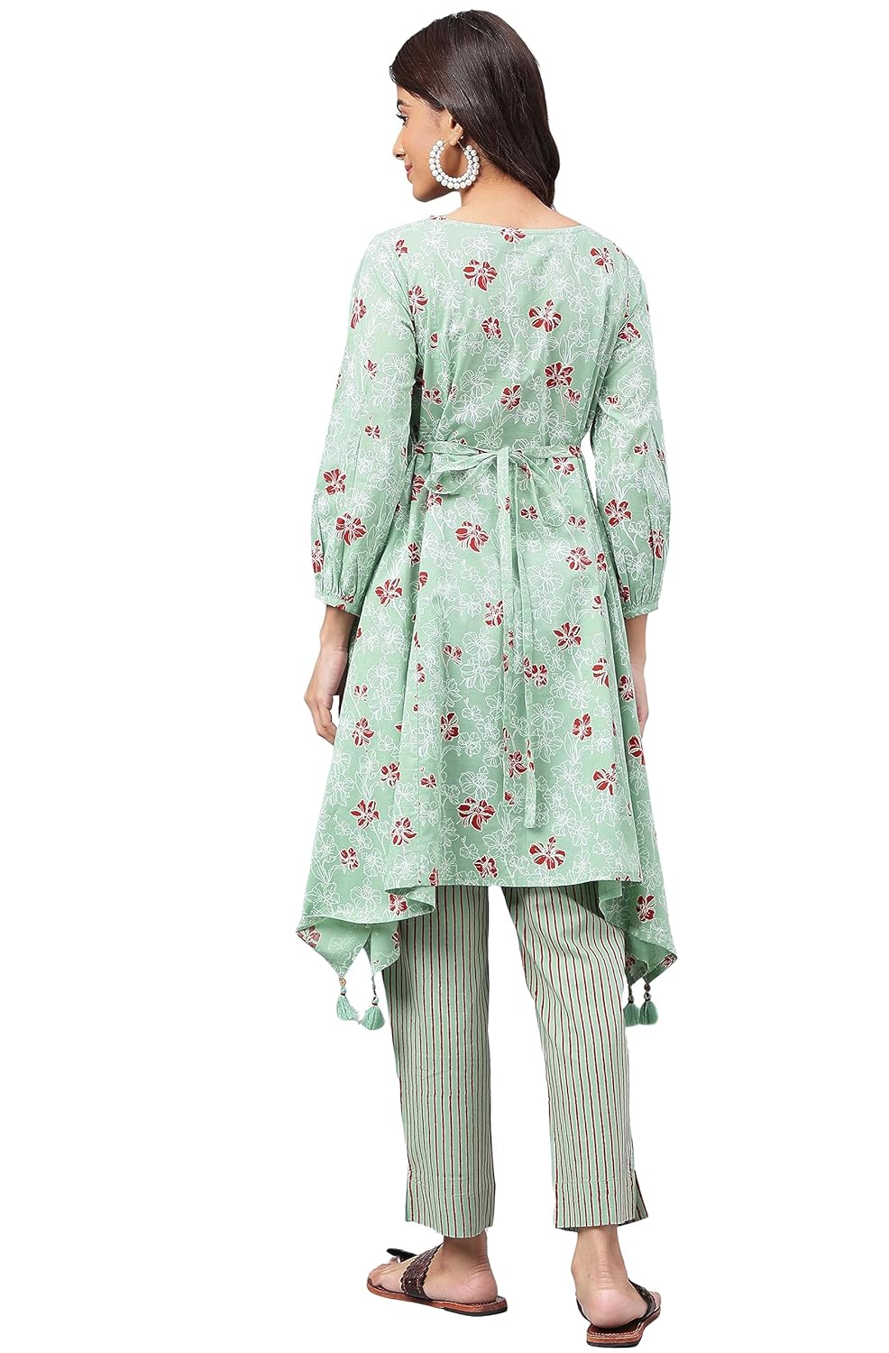Janasya Women's Green Cotton Floral Printed Kurta with Pant