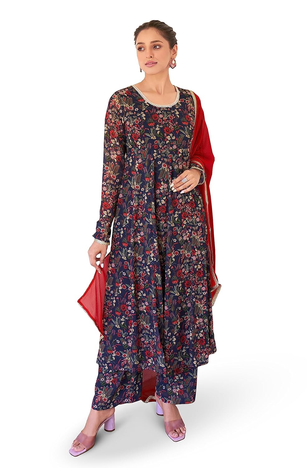 Janasya Women's Dark Blue Georgette Digital Floral Printed Kurta with Palazzo and Dupatta
