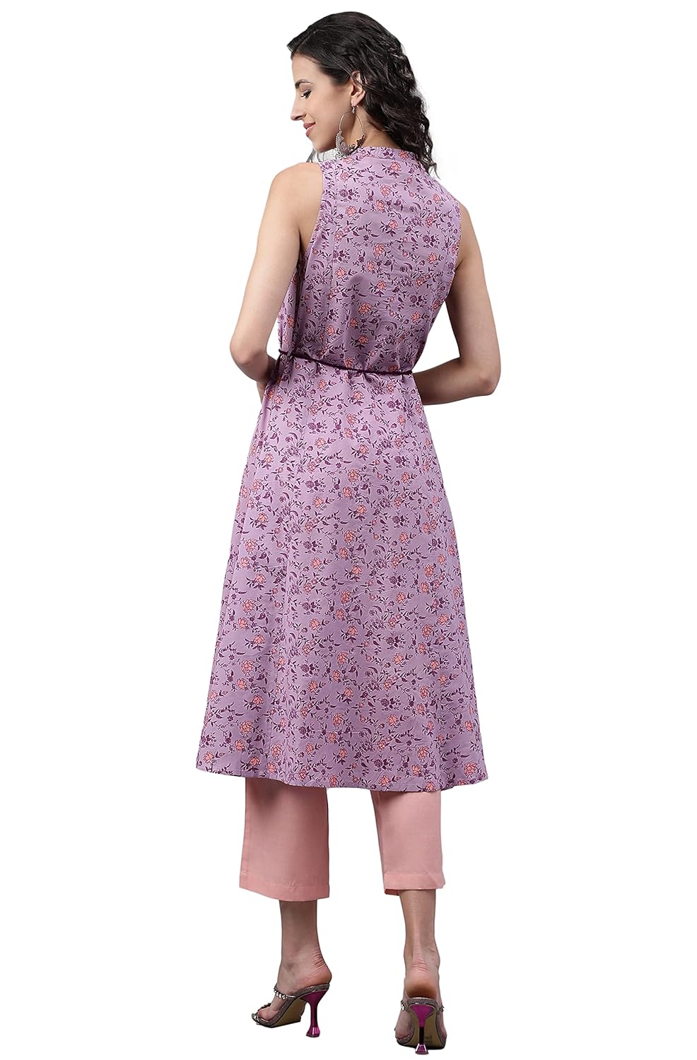 Janasya Women's Lavender Cotton Floral Printed A-Line Kurta