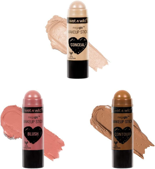 Wet n Wild MegaGlo Conceal & Contour Stick, Nude For Thought & Makeup Stick Conceal and Contour Blush Pink Floral Majority & Makeup Stick Conceal and Contour Brown