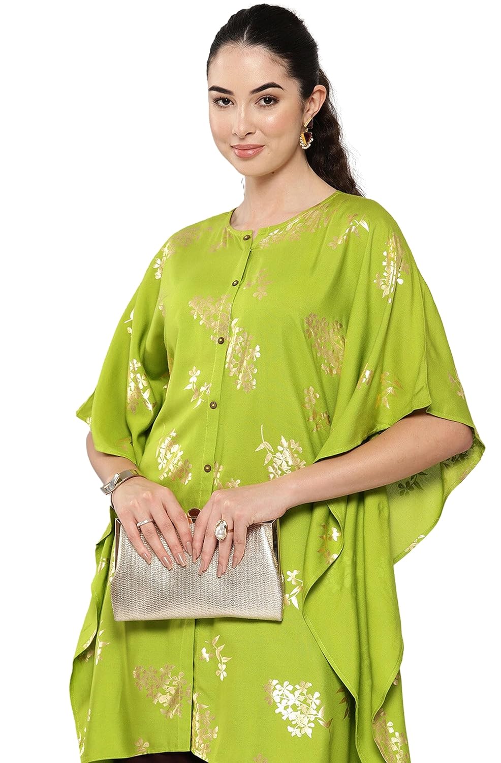 Janasya Women's Lime Green Rayon Foil Printed Kaftan Kaftan Kurta with Tulip Pant