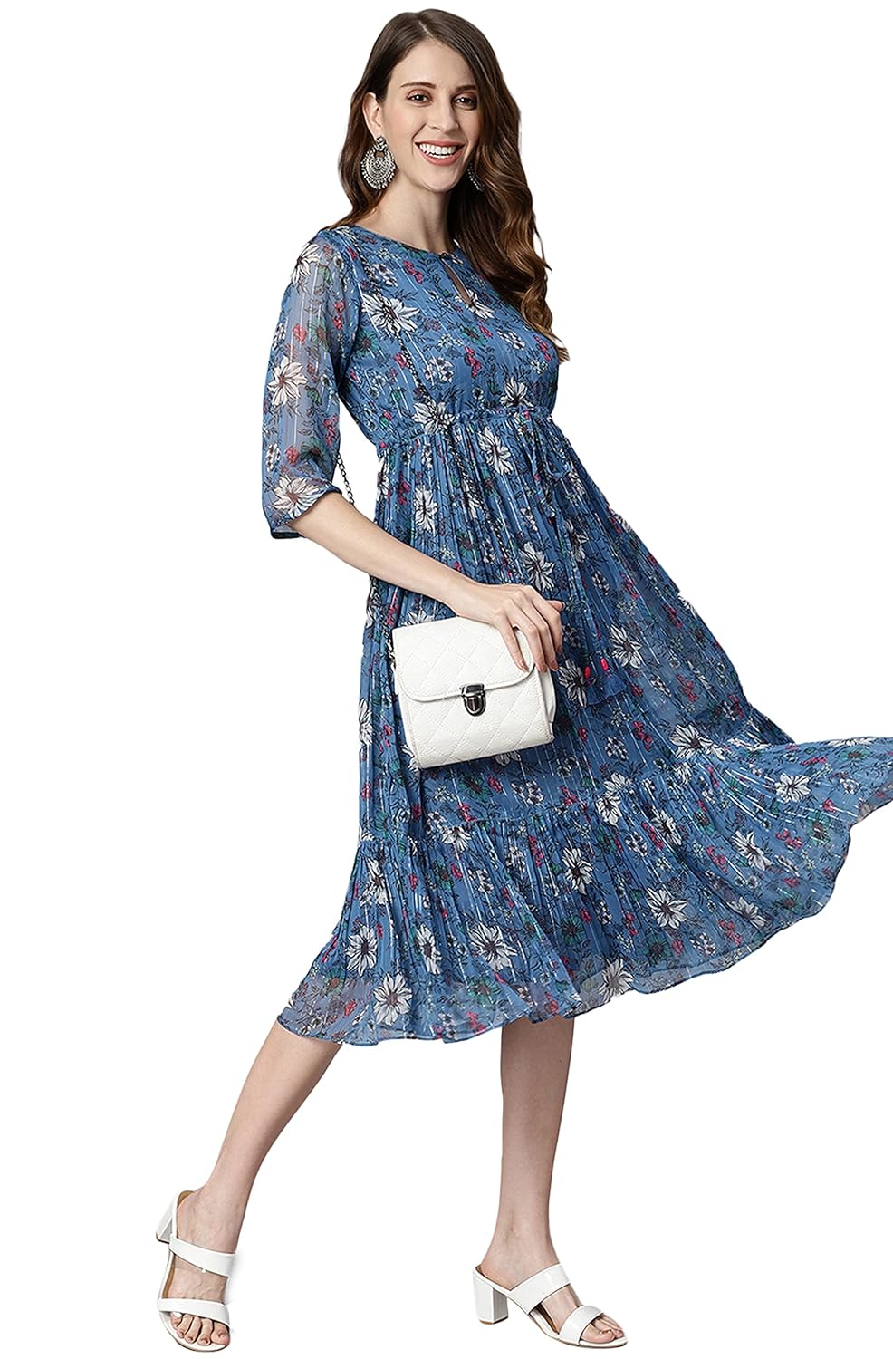 Janasya Women's Blue Poly Georgette Floral Flared Western Dress