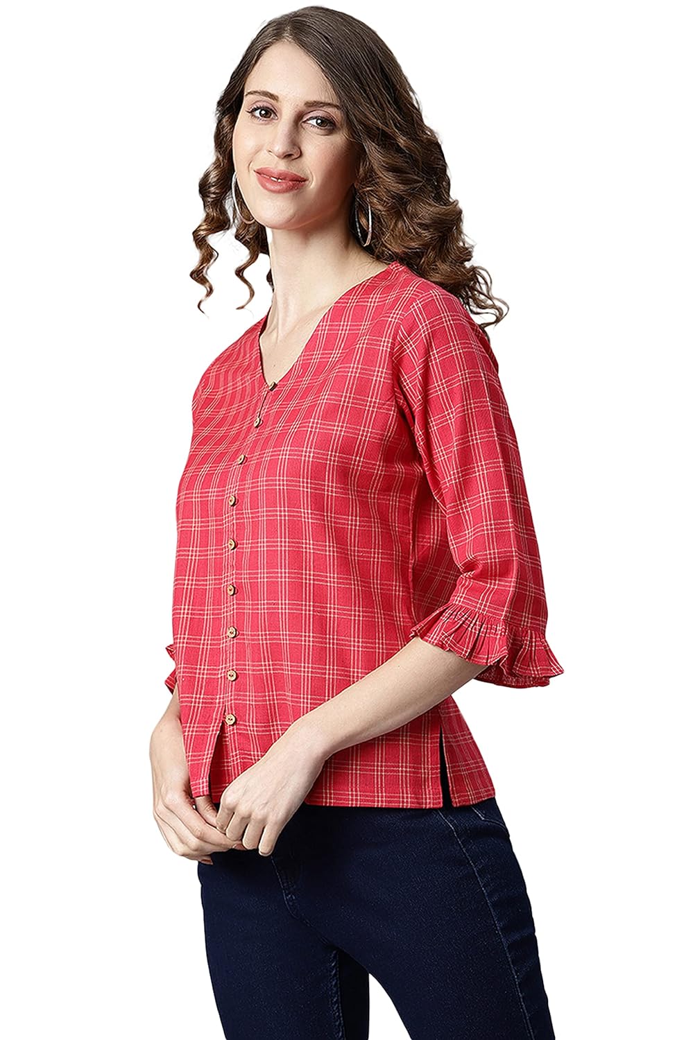Janasya Women's Red Cotton Checkered Regular Top